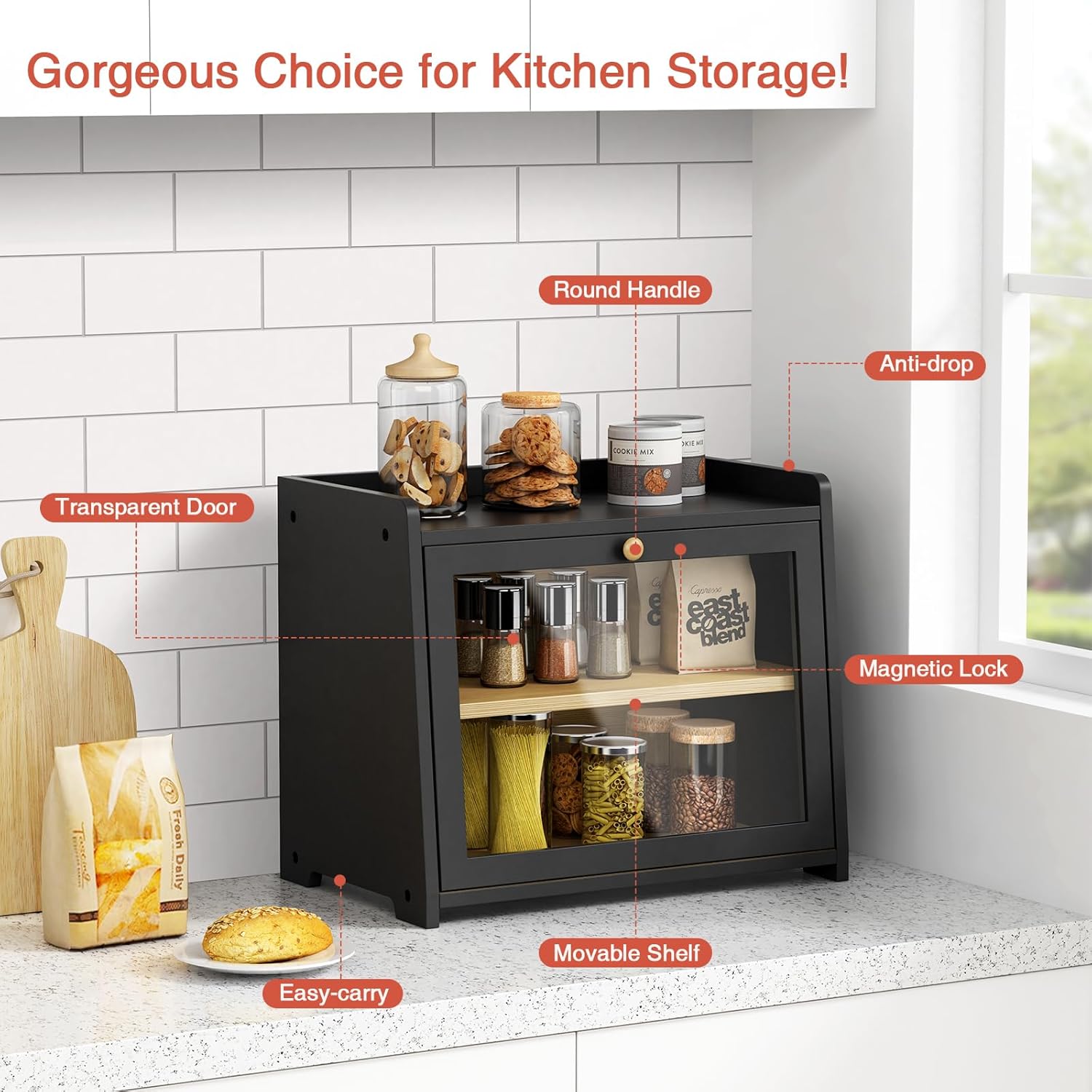 Black Bread Box for Kitchen Countertop, Large Bread Storage Container for Homemade Bread, Wood Farmhouse Breadbox Organizer for Kitchen Counter Corner, Cabinet, Pantry, Cupboard (Black) ? ? ? ? ? - Image 6
