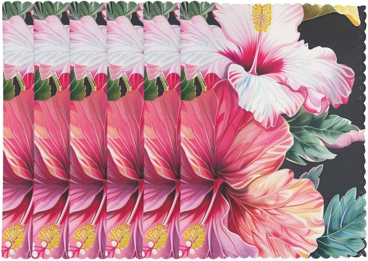 Hibiscus Flowers Print Printed Heat Resistant Placemats 6 PCS - Non-Slip Washable Kitchen Table Mats for Dining, Parties & More (18x12in, Polyeste) ? ? ? ? ? - Image 2