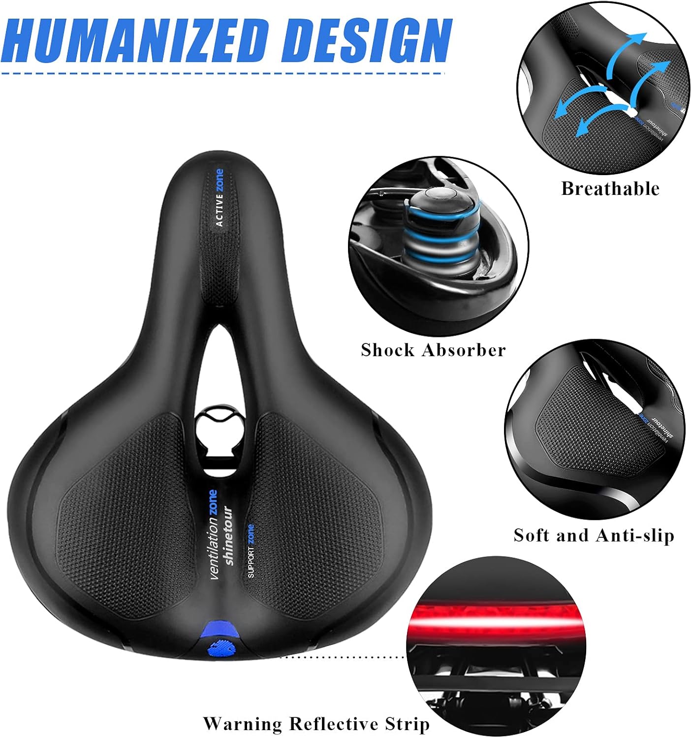 Comfort Bike Seat for Women Men,Wide Bicycle Saddle Replacement Memory Foam Padded Soft Bike Cushion with Dual Shock Absorbing Universal Fit for Indoor/Outdoor Bikes with Reflect ? ? ? ? ? - Image 2