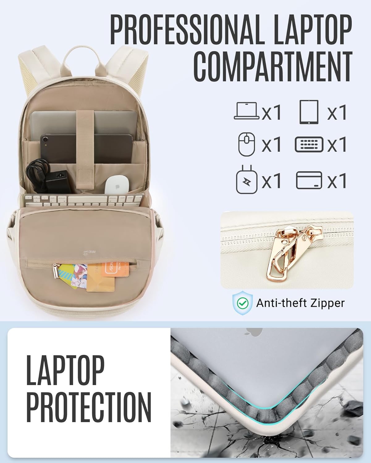 LIGHT FLIGHT Travel Laptop Backpack for Women, 15.6 Inch Anti Theft Backpack with USB Charging Hole, Water Resistant College Bookbag, Large Capacity Black Computer Backpacks for Work, Beige ? ? ? ? ? - Image 4