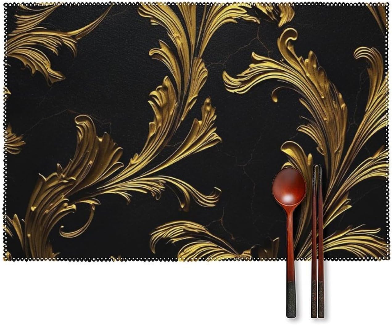 Black and Gold Placemats Set 4 Heat Resistant Place Mats Non-Slip Washable Indoor Outdoor Table Mats Table Mats for Dining Kitchen Party Measures 17.7 X 11.8Inch ? ? ? ? ?