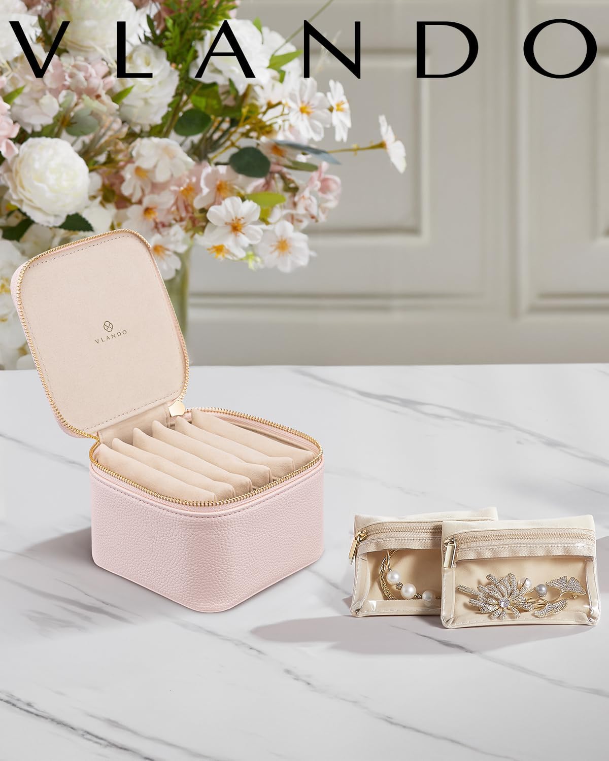 Vlando Travel Jewelry Case,Jewelry Organizer with 6 zipper velvet Jewelry bags for Women Girl,Wedding Birthday Gift Ideas for Women Earrings Rings Storage Gift Box Packaging Pink ? ? ? ? ? - Image 2