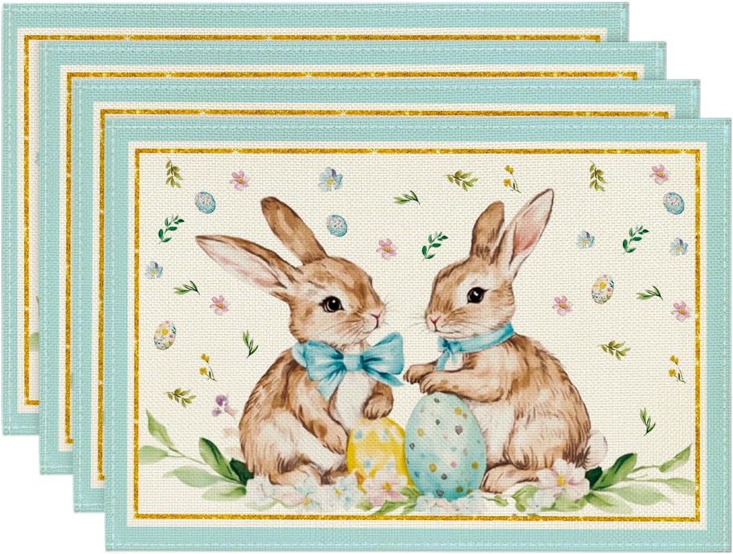 Artoid Mode Bunny Rabbit Egg Floral Easter Placemats Set of 4, 12x18 Inch Spring Table Mats for Outdoor Home Party Kitchen Dining Decor ? ? ? ? ?