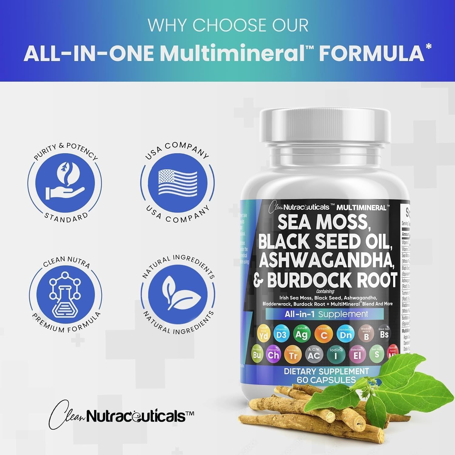 Clean Nutraceuticals Sea Moss Black Seed Oil Ashwagandha Turmeric Bladderwrack Burdock & Vitamin C Vitamin D3 with Elderberry Manuka Dandelion Yellow Dock Iodine Chlorophyll ACV ? ? ? ? ? - Image 3
