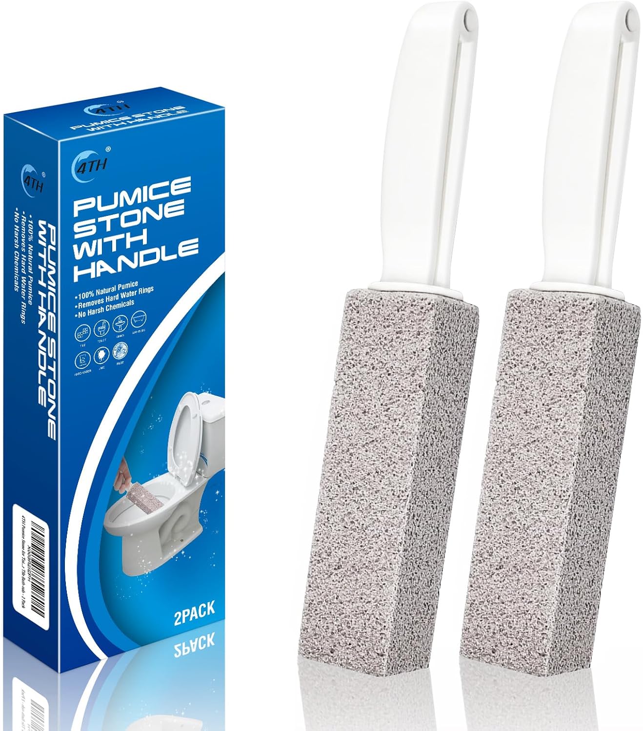 4TH Pumice Stone for Toilet Bowl Cleaning,Scouring Stick with Handle,Powerfully Away Limescale Stain,Hard Water Ring, Calcium Buildup,Iron,Rust.Remover for Tile Bath-tub - 2 Pack