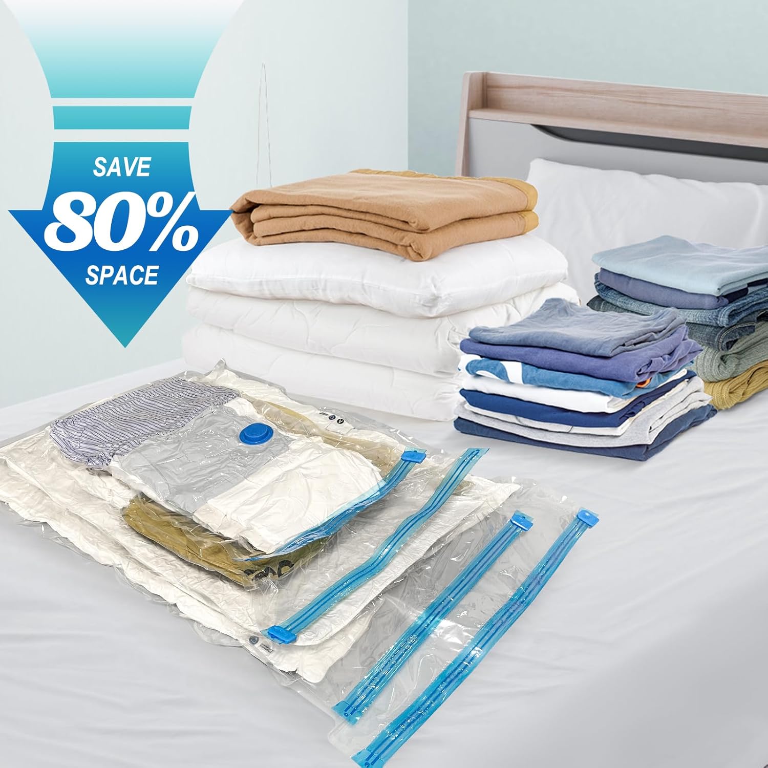 16 Pack Vacuum Storage Bags with Hand Pump, 4 Jumbo + 4 Large + 4 Medium + 4 Small Plastic Packaging Bags, 80% Space Saver Vacuum Seal Bags for Clothing, Travel Lugggage, Blankets, Comforters ? ? ? ? ? - Image 2
