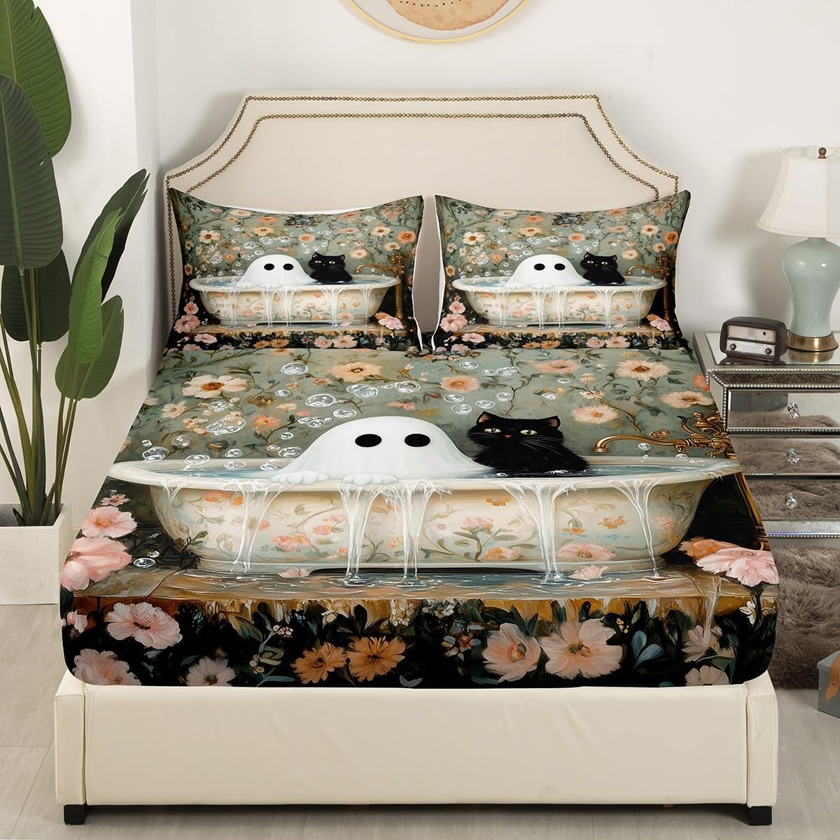 Kawaii Ghost Cat Bed Sheet Queen Size,European Vintage Floral Bathtub Bubble Sheets,Halloween Ghost Natural Flowers Deep Pocket Bedding Sets (1 Fitted,1 Flat,2 Pillowcases) ? ? ? ? ? - Image 3