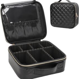 Relavel Makeup Bag, Travel Cosmetic Train Case Organizer Portable Artist Storage Bag with Adjustable Dividers for Cosmetics Makeup Brushes Toiletry Jewelry Digital Accessories Quilted Leather Black ?   ?   ?  ?   ?