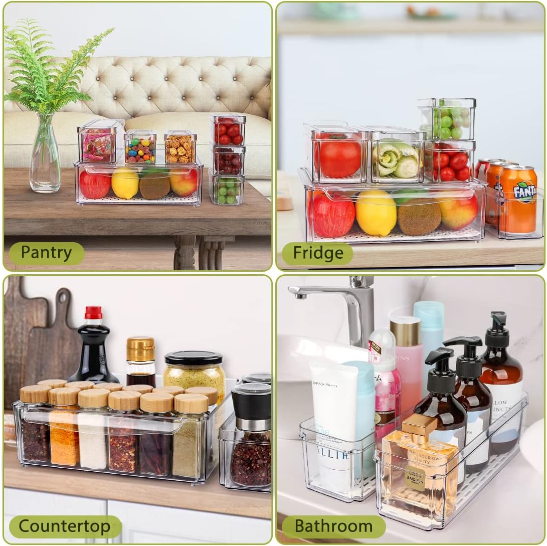 10 Pack Refrigerator Pantry Organizer Bins, Stackable Fridge Organizer Bins with Lids, Clear Plastic Food Storage Bins for Kitchen, Countertops, Cabinets, Fridge, Drinks, Fruits, Vegetable, Cereals - Image 6