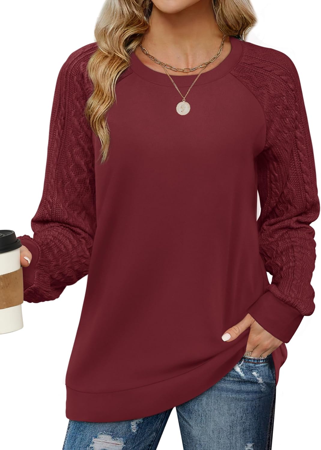 Saloogoe Sweatshirts for Women Crewneck Cable Knit Sleeve Sweaters Lightweight Fashion 2024 ? - Image 5