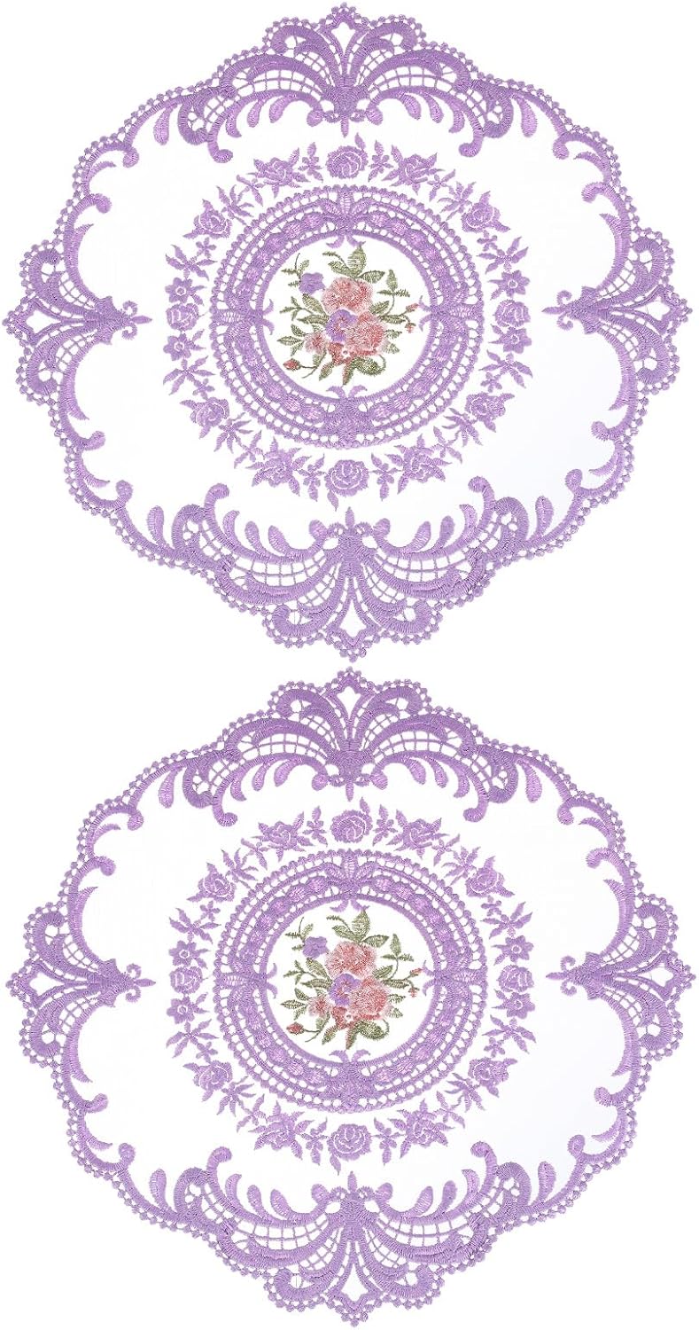 uxcell 2Pcs Retro Lace Placemats, French Crochet Doilies Round Embroidered Hollow Cup Vase Table Mat for Dining Table Kitchen Party 11.02x11.02inch, Purple