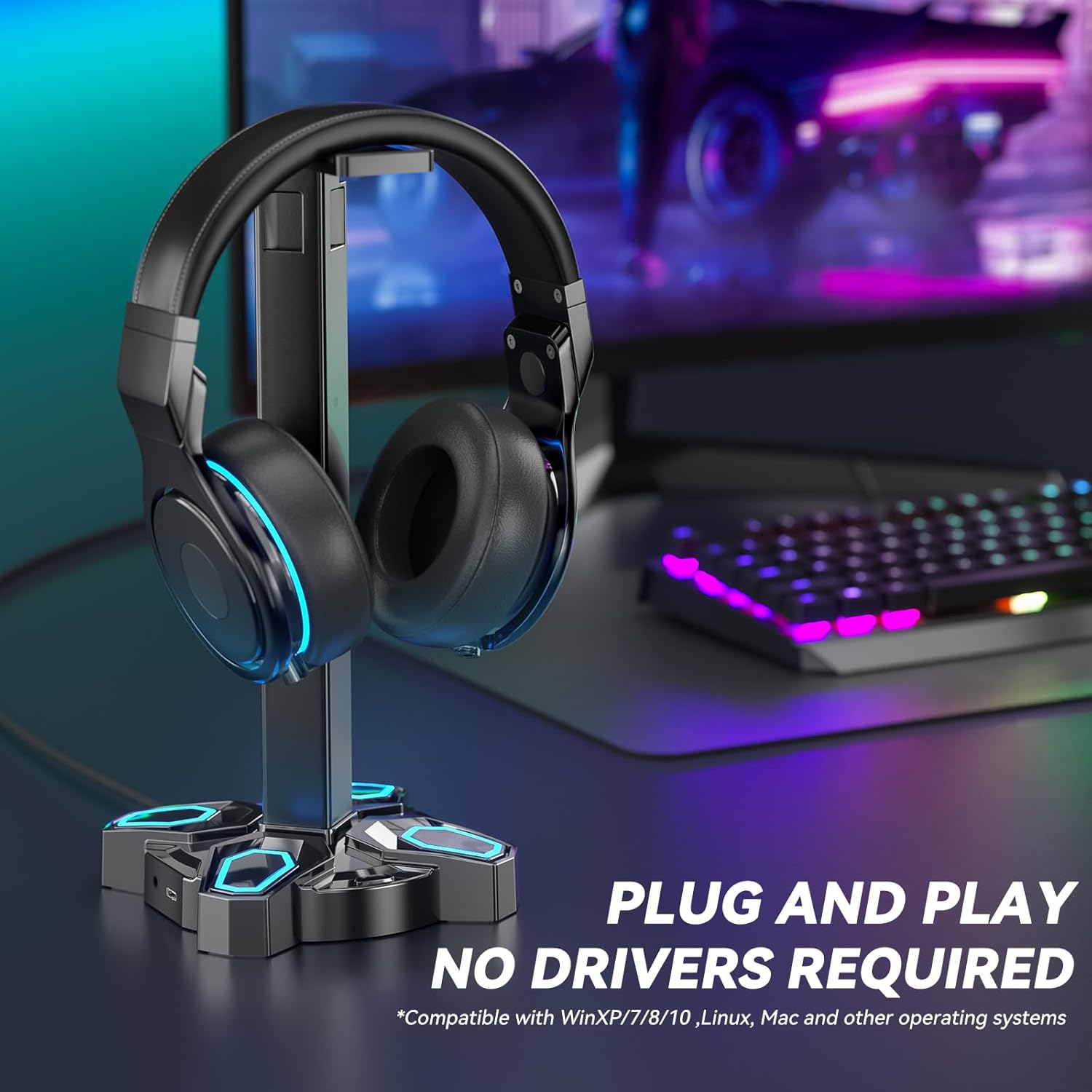KDD Gaming Headphones Stand, Rotatable Headset Stand with Light Modes - Controller Holder with 2 USB Charging Ports and 3.5mm - Earphone Hanger Accessories for Desktop Gamer(Black) ? ? ? ? ? - Image 2