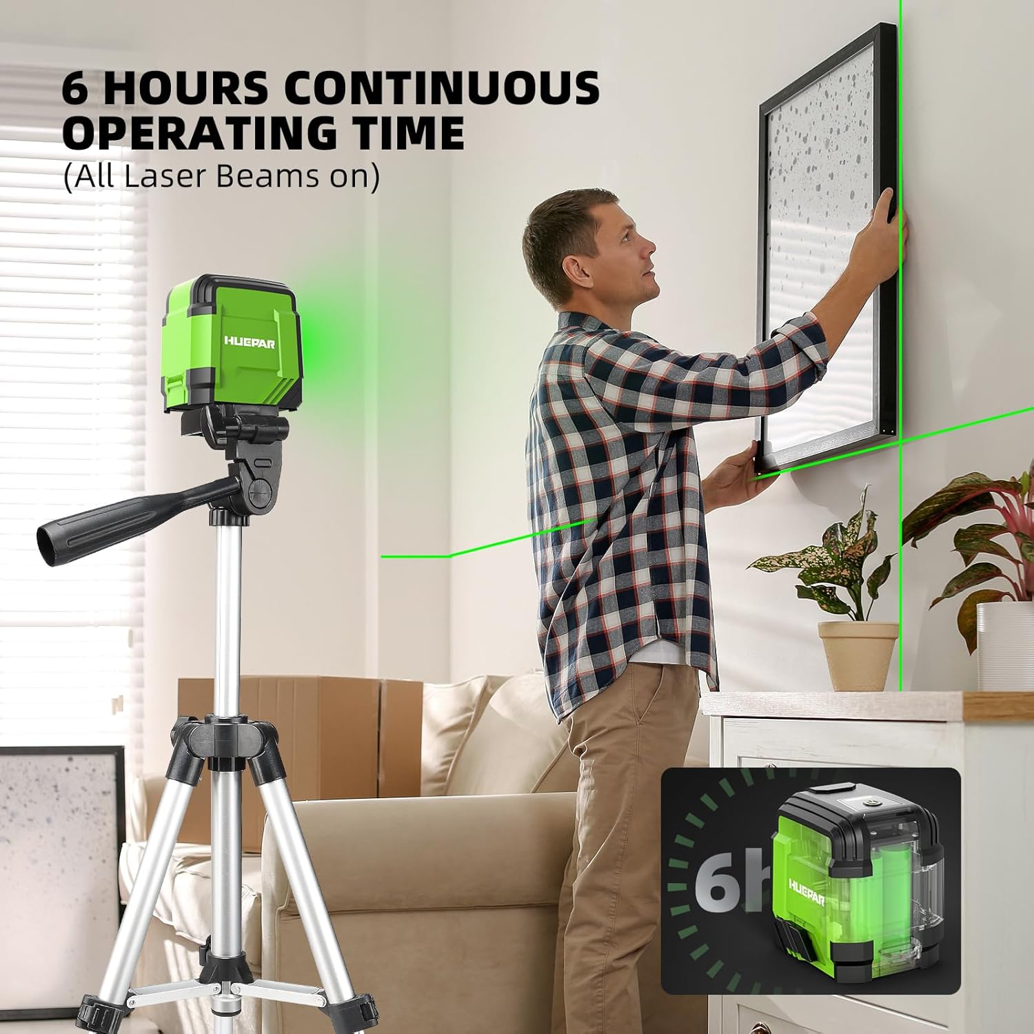Laser Level with Tripod, HUEPAR 98Ft Self Leveling Laser Level Green Line Laser Cross Line Laser Leveler Tool for Picture Hanging, Tile, Home Renovation, Indoor Project, Battery&Carrying Bag Included ? ? ? ? ? - Image 4