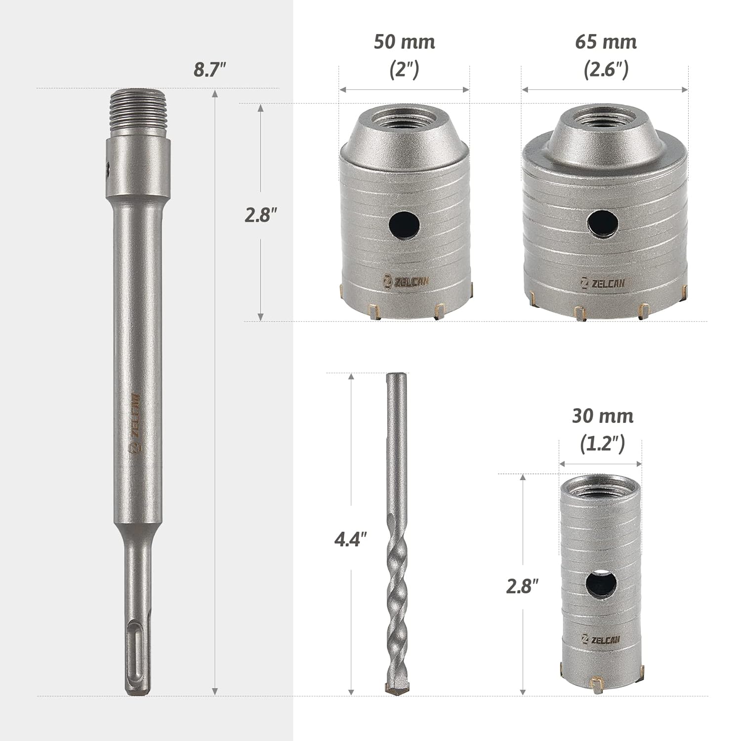 ZELCAN Hole Saw Kit, 4pc Drill Hole Cutter Set with 30 50 65mm Hole Drill Bits for SDS Plus Hammer Drills, Circle Drill Bits Hole Saw Set for Concrete Brick Cement Stone Wall Drilling Home Improvement ? ? ? ? ? - Image 3