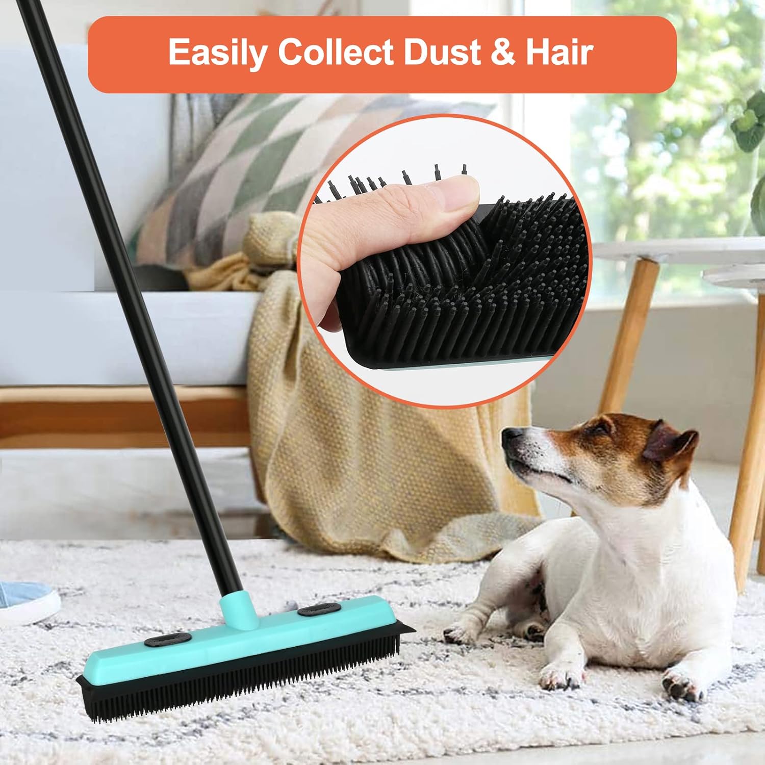 Rubber Broom Carpet Rake for Pet Hair Removal, Fur Remover Broom with 59 - Image 2