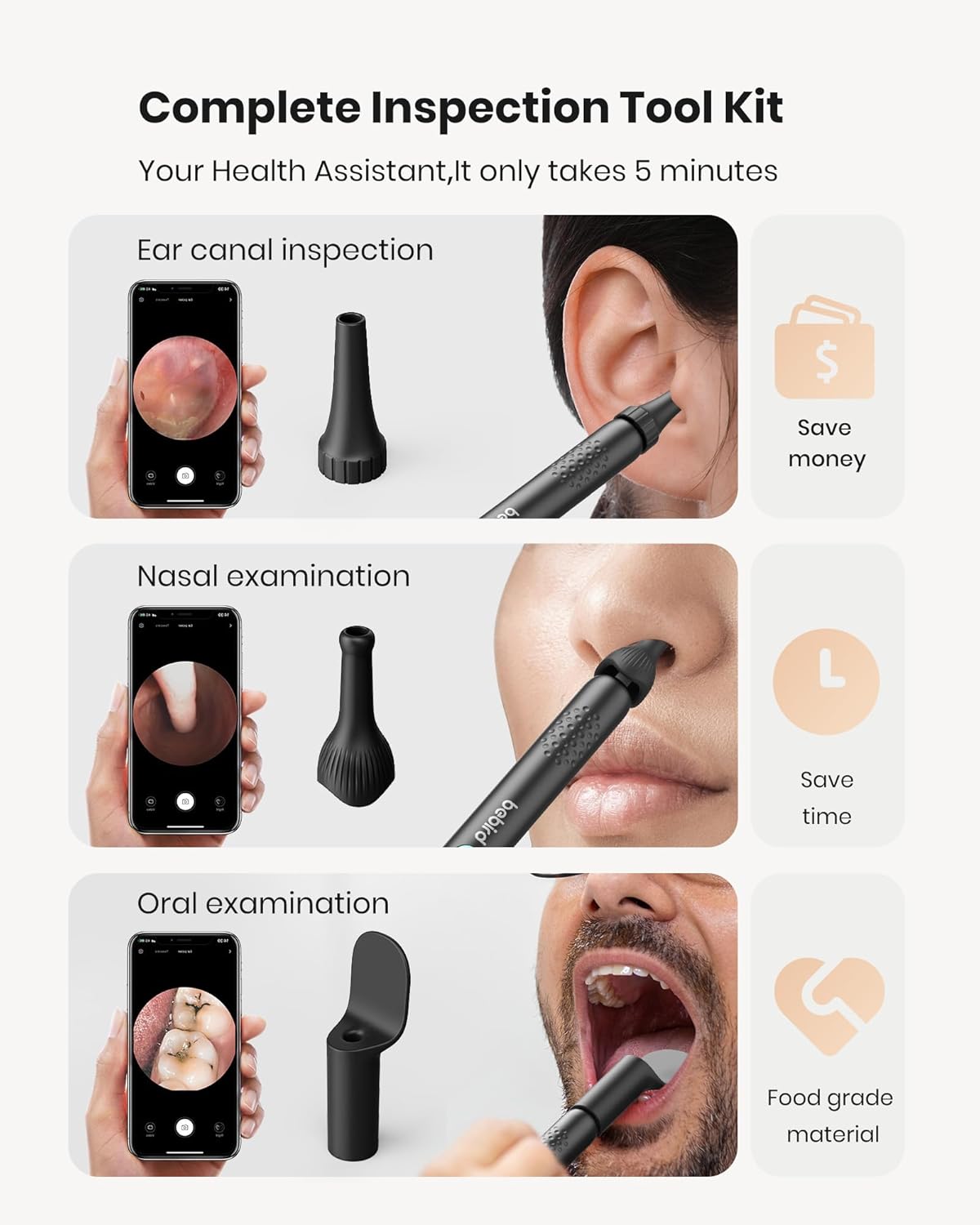 BEBIRD R1 Wax Removal Tool for Ear - Spade Ear Canal Cleaner with Camera 1080P Earscope, Wax Remove Ear Picker with Vari Replacement Tips, Camera with 6LED Light for Ear/Nose/Throat Examination, Black ? ? ? ? ? - Image 2