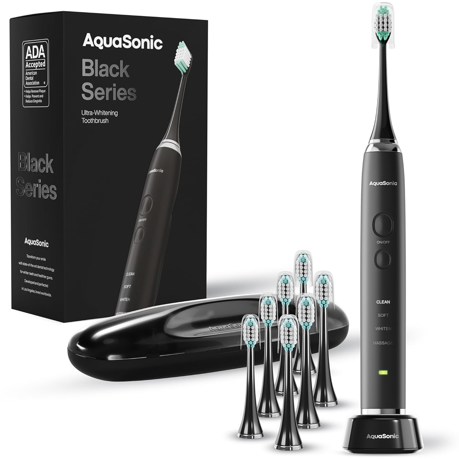 Aquasonic Black Series Ultra Whitening Toothbrush ? ADA Accepted Electric Toothbrush- 8 Brush Heads & Travel Case ? 40,000 VPM Electric Motor & Wireless Charging - 4 Modes w Smart Timer ? ? ? ? ?