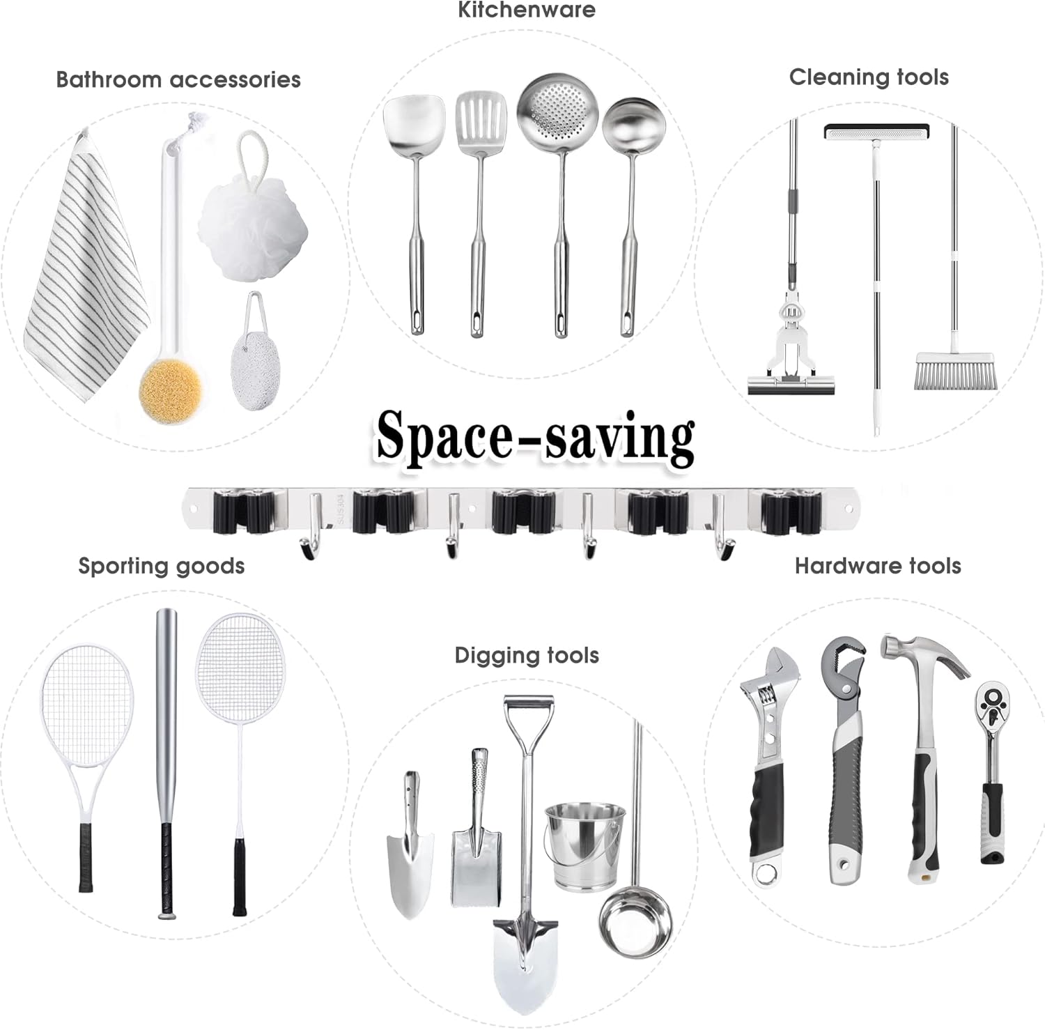 AceMining 5 Racks and 4 Hooks Mop and Broom Holder Wall Mount, Broom Organizer Storage Tool Racks Stainless Steel Heavy Duty Hooks Self Adhesive Solid Non-slip for Home Kitchen Garden Laundry Garage ? ? ? ? ? - Image 4