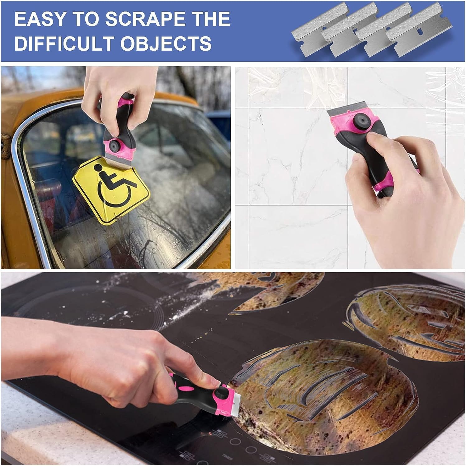 DEKEones Razor Blade Scraper, Double Edged Razorblade Scraping Tool with 10 Pcs Razor Blades, Paint Scraper for Glass, Decals, Tint, Stickers, Labels, Caulk, Adhesive(Pink) - Image 6