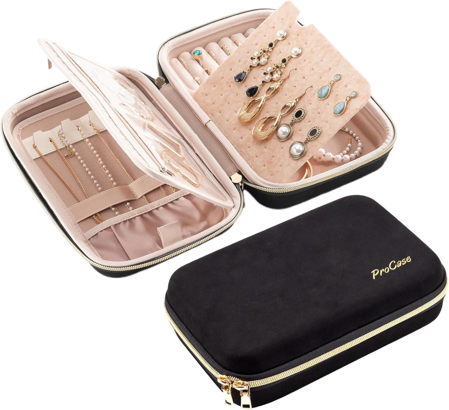 ProCase Large Travel Jewelry Organizer Case, Jewellry Home Storage Book Ring Binder with Clear Pockets for Presentation, Zippered Pouch Bag for Earrings Necklaces Bracelets -Black, Non-loose-leaf ? ? ? ? ?