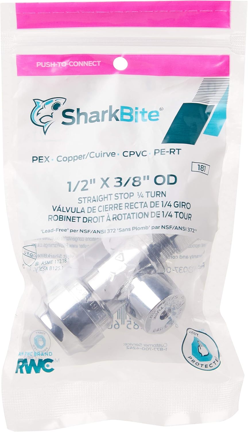 SharkBite 1/2 x 3/8 Inch Compression Straight Stop Valve, Quarter Turn, Push to Connect Brass Plumbing Fitting, PEX Pipe, Copper, CPVC, PE-RT, HDPE, 23037-0000LF - Image 6