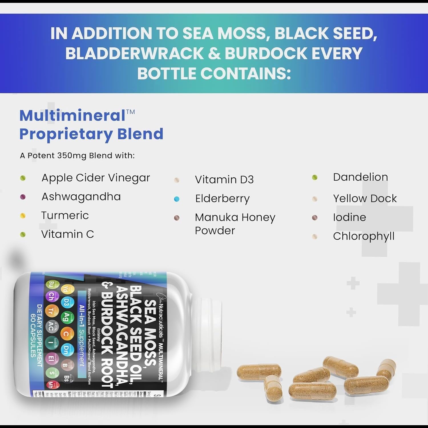Clean Nutraceuticals Sea Moss Black Seed Oil Ashwagandha Turmeric Bladderwrack Burdock & Vitamin C Vitamin D3 with Elderberry Manuka Dandelion Yellow Dock Iodine Chlorophyll ACV ? ? ? ? ? - Image 4