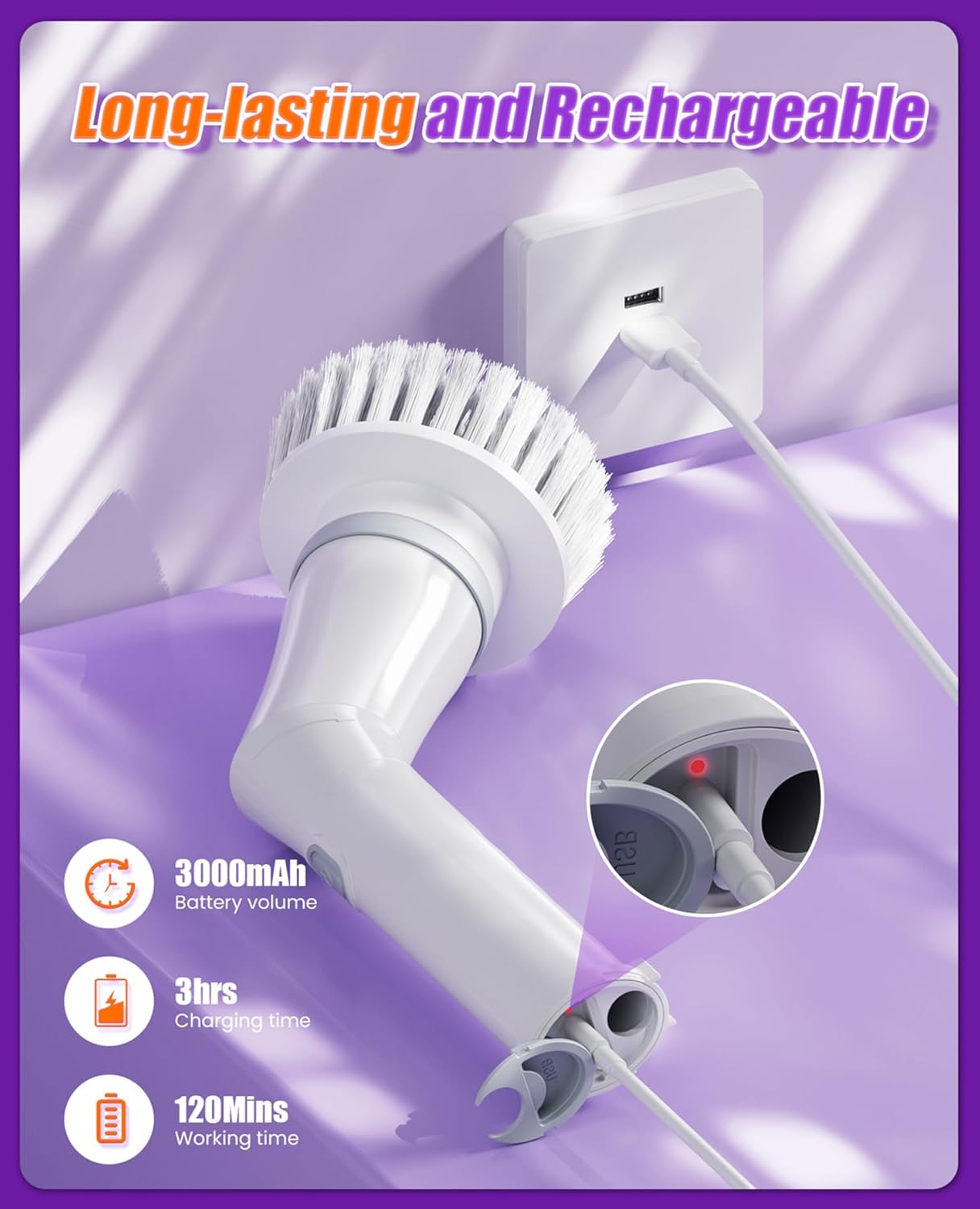 Electric Spin Scrubber, Cordless Cleaning Brush 6 Replaceable Brush Heads, 2H Power Dual Speed, Shower Scrubber with IPX7 Waterproof Extension Handle for Bathroom Tub Tile Floor Car ? ? ? ? ? - Image 6