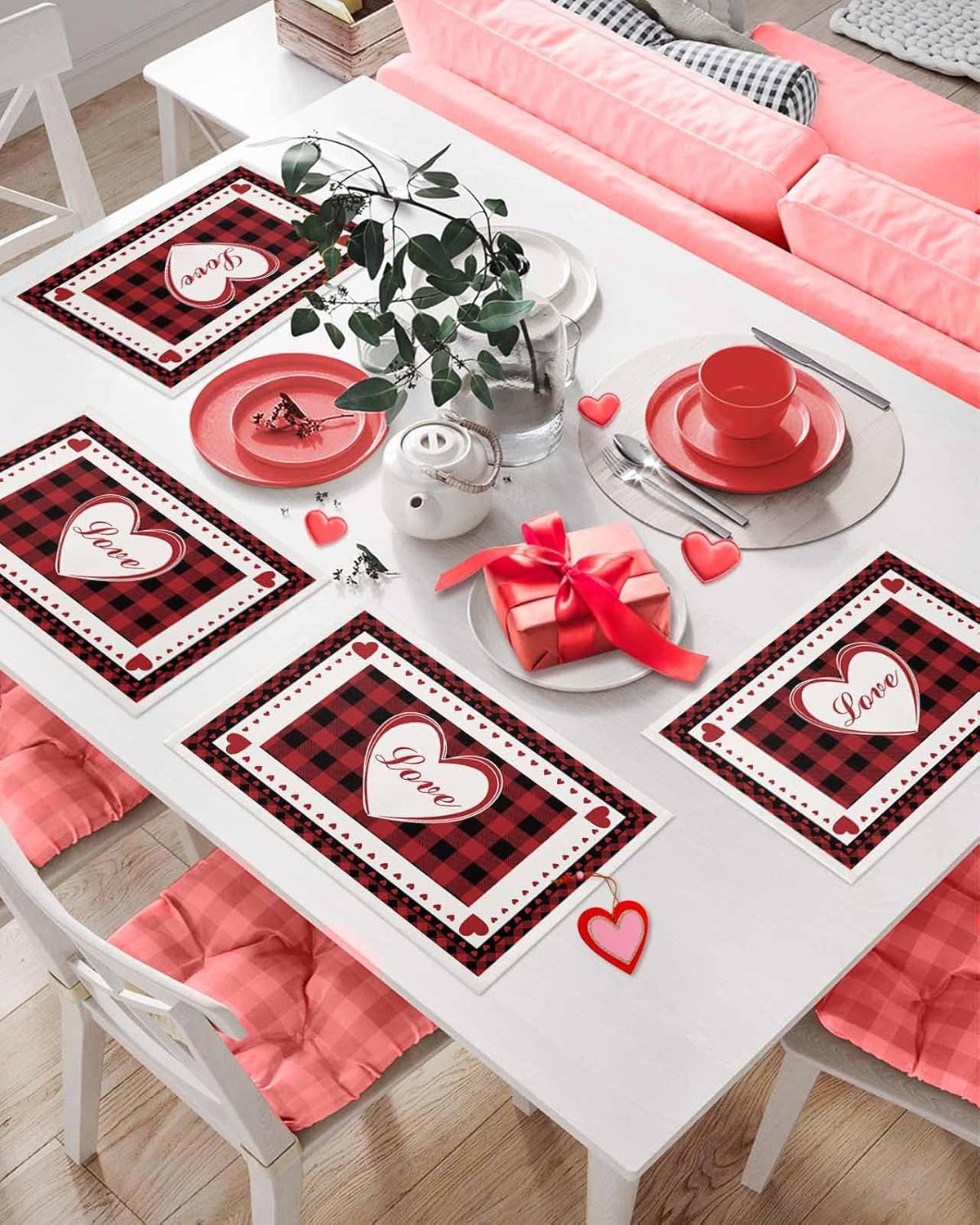 Valentines Placemat Heart Shape Design Place Mats for Dining Room Dinner Table Red Buffalo Check Plaid Romantic Love Valentine's Day Washable Table Mats Kitchen Decorations Set of 4 ? ? ? ? ? - Image 4