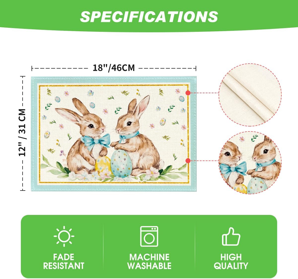 Artoid Mode Bunny Rabbit Egg Floral Easter Placemats Set of 4, 12x18 Inch Spring Table Mats for Outdoor Home Party Kitchen Dining Decor ? ? ? ? ? - Image 6