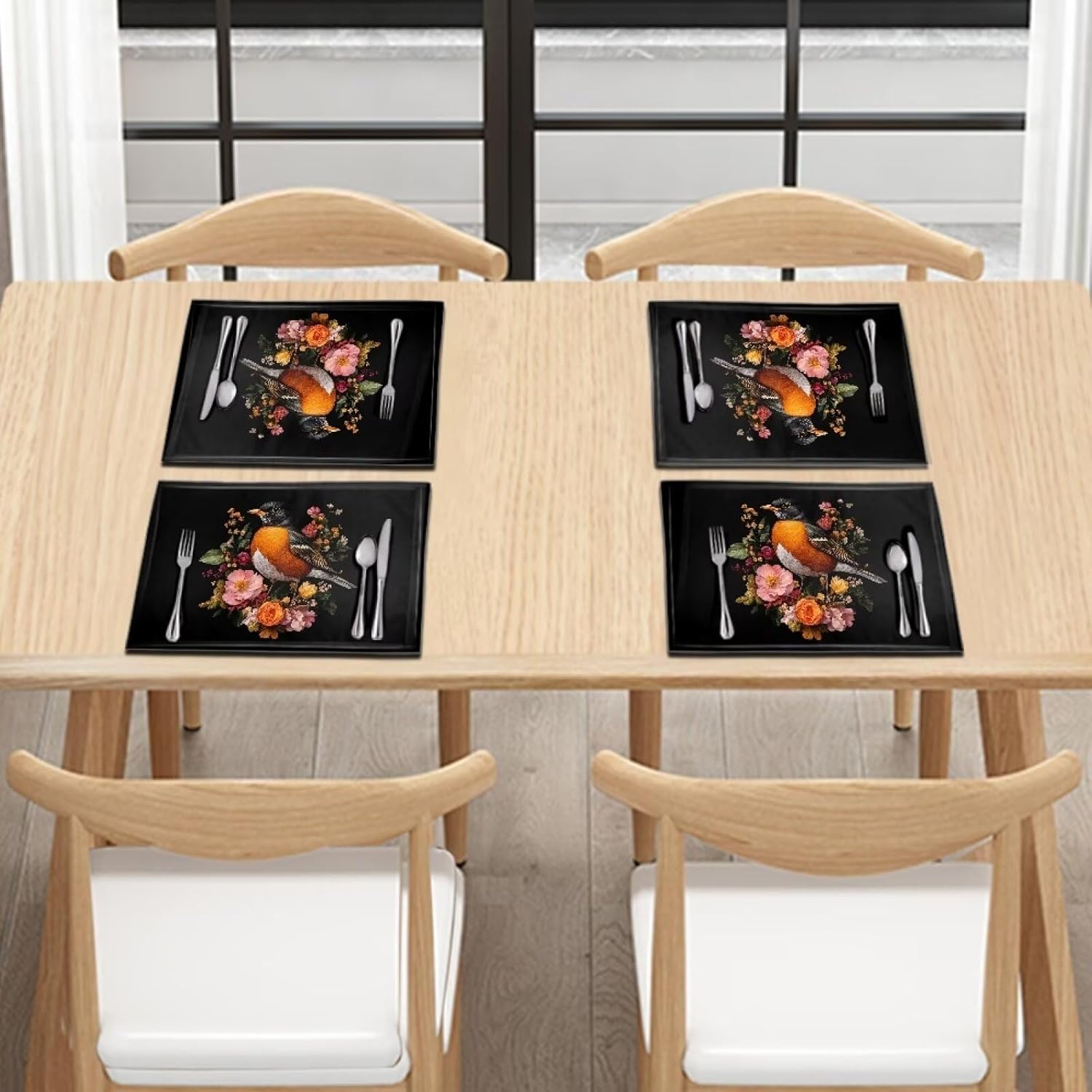 4 PCS Dining Table Mats Sturdy Non Slip Placemats for Kitchen Cafe Restaurant Heat Resistant Soft Countertop Accessory Decor, 11.8 x 17.7 Inch, American Robin Floral Black ? ? ? ? ? - Image 3