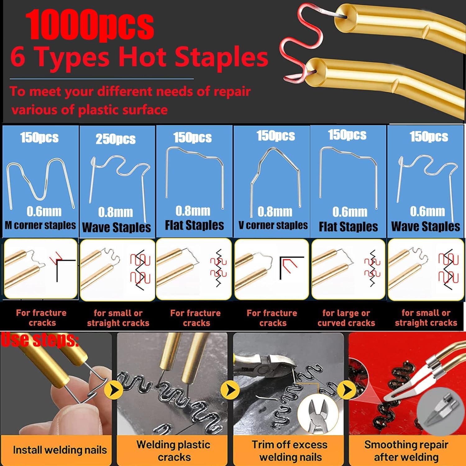 Upgraded 220W Plastic Welder, 2 in 1 Plastic Welding Kit Plastic Repair Welder Kit 1000PCS Hot Stapler Soldering Gun with 100PCS Plastic Welding Rods Car Bumper Repair Kit for Most Plastic Repair - Image 5