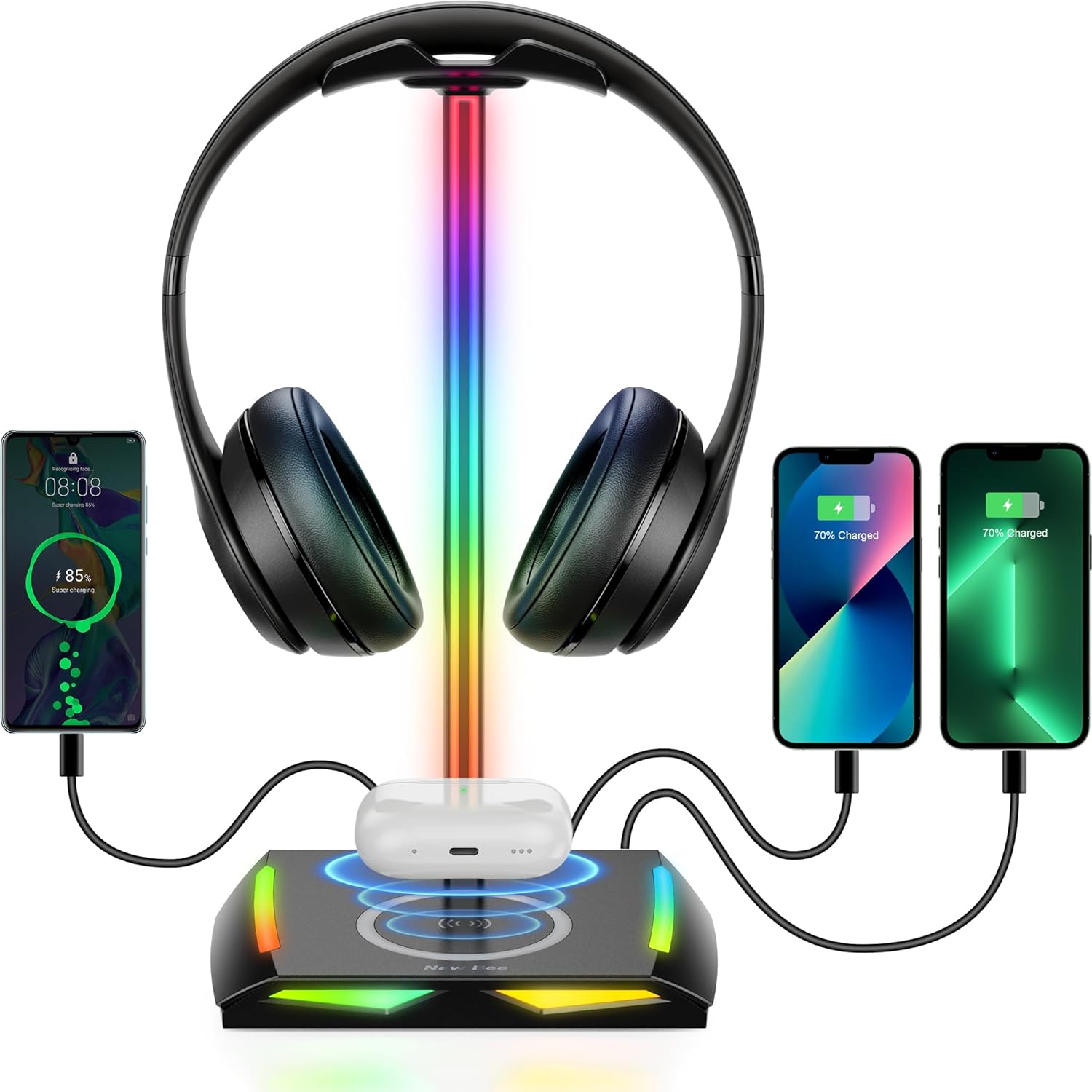 New bee RGB Headphone Stand with Wireless Charging and 2 USB-C & 1 USB Charging Ports, Desk Gaming Headset Holder with 7 Light Modes and Non-Slip Rubber Base Suitable for All Earphone Accessories ? ? ? ? ?