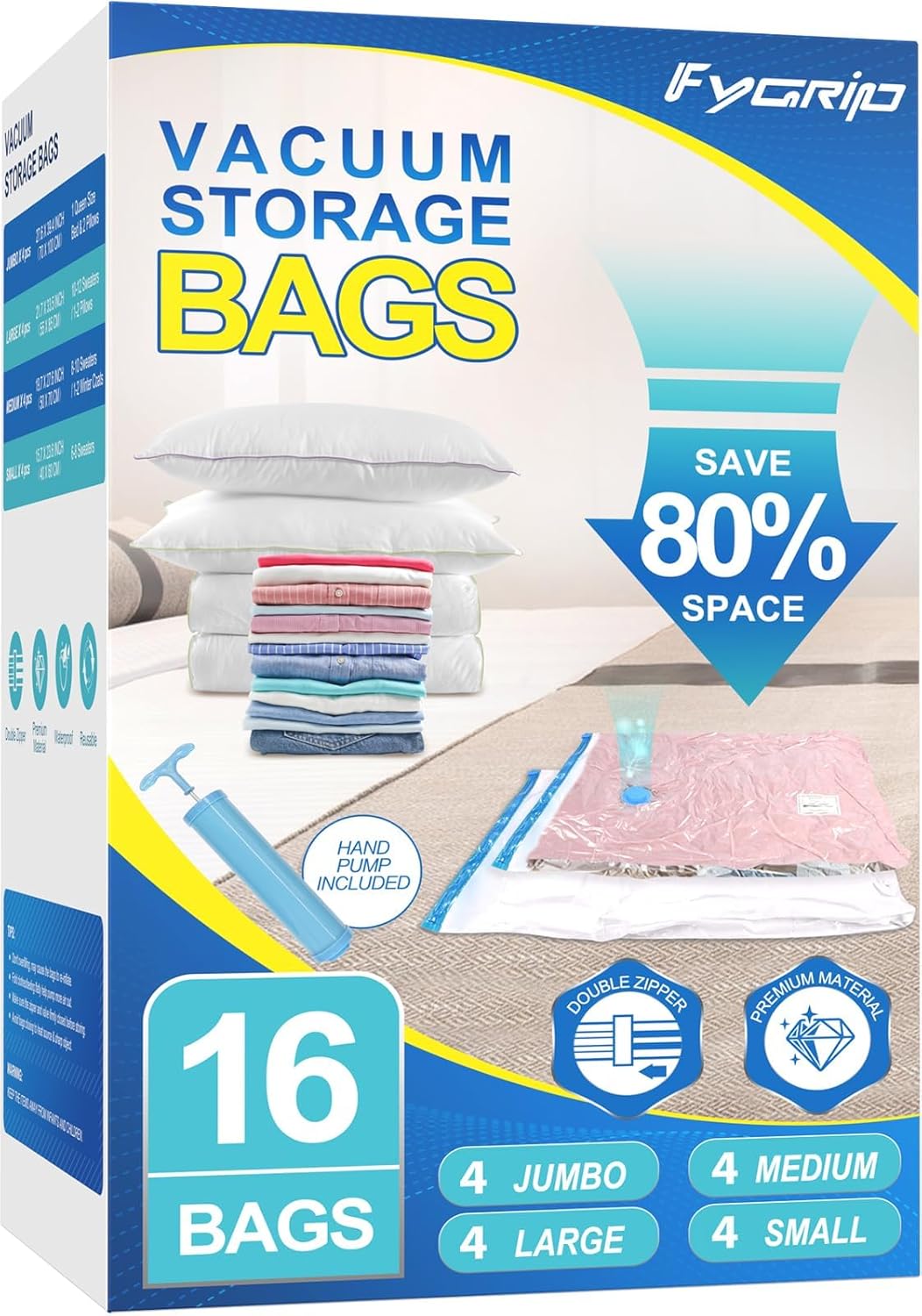 16 Pack Vacuum Storage Bags with Hand Pump, 4 Jumbo + 4 Large + 4 Medium + 4 Small Plastic Packaging Bags, 80% Space Saver Vacuum Seal Bags for Clothing, Travel Lugggage, Blankets, Comforters ? ? ? ? ?