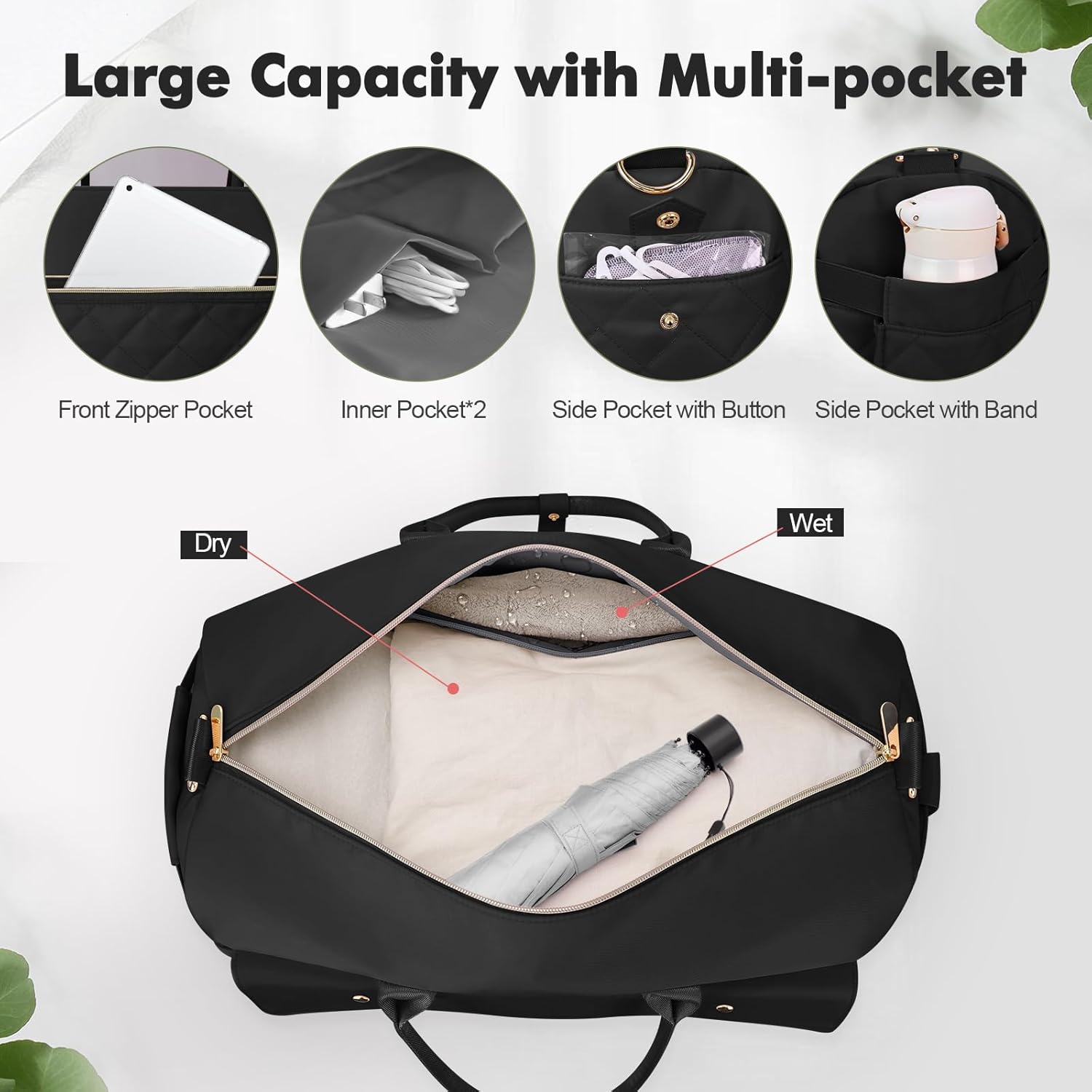 Wedama Weekender Bags for Women, Large Travel Duffel Bag with Shoe Compartment, Carry on Overnight Bag with Toiletry Makeup Bag, Gym Duffel Bag Travel Tote Bag for Travel Gym Camping Hospital, Black ? ? ? ? ? - Image 4