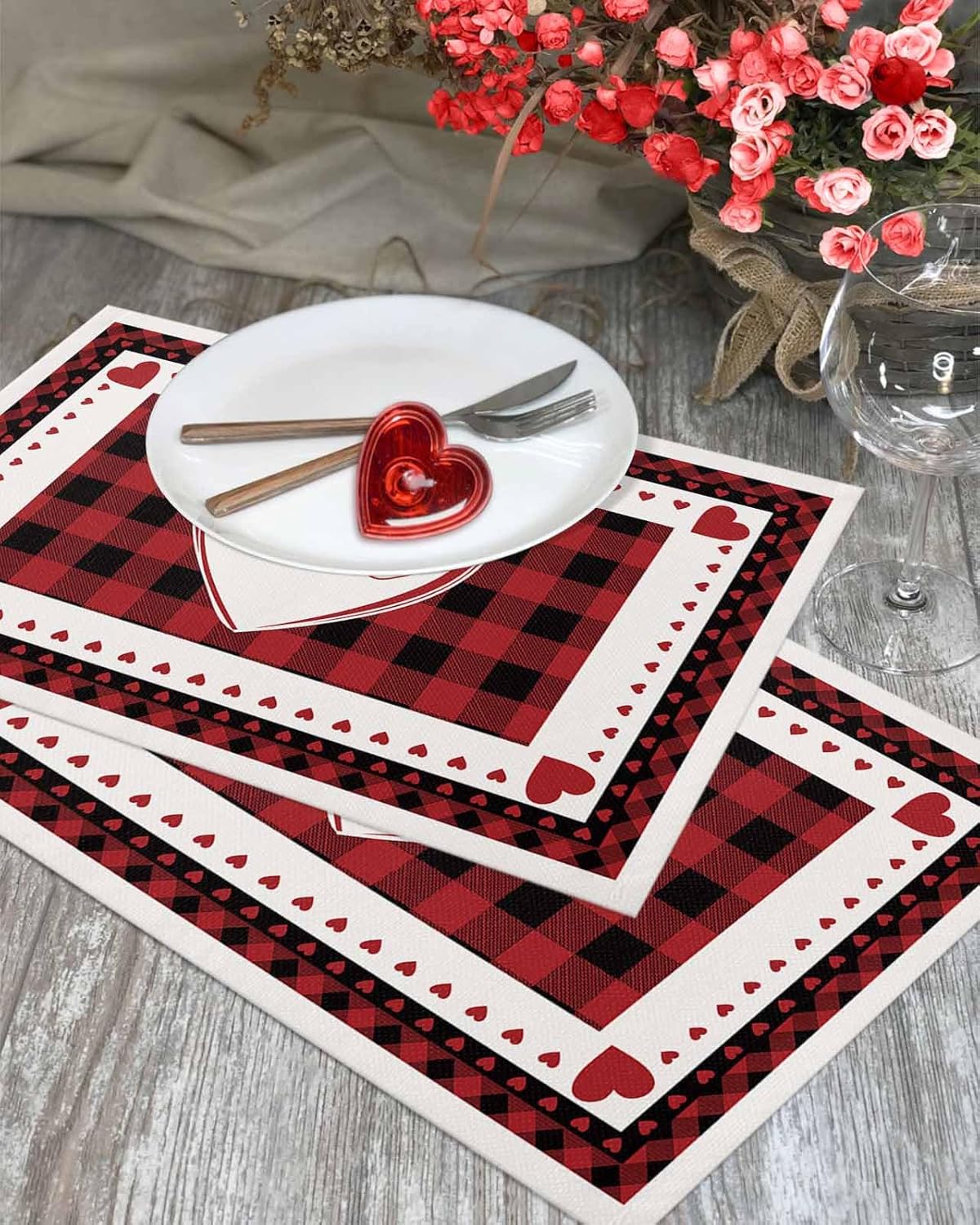 Valentines Placemat Heart Shape Design Place Mats for Dining Room Dinner Table Red Buffalo Check Plaid Romantic Love Valentine's Day Washable Table Mats Kitchen Decorations Set of 4 ? ? ? ? ? - Image 3