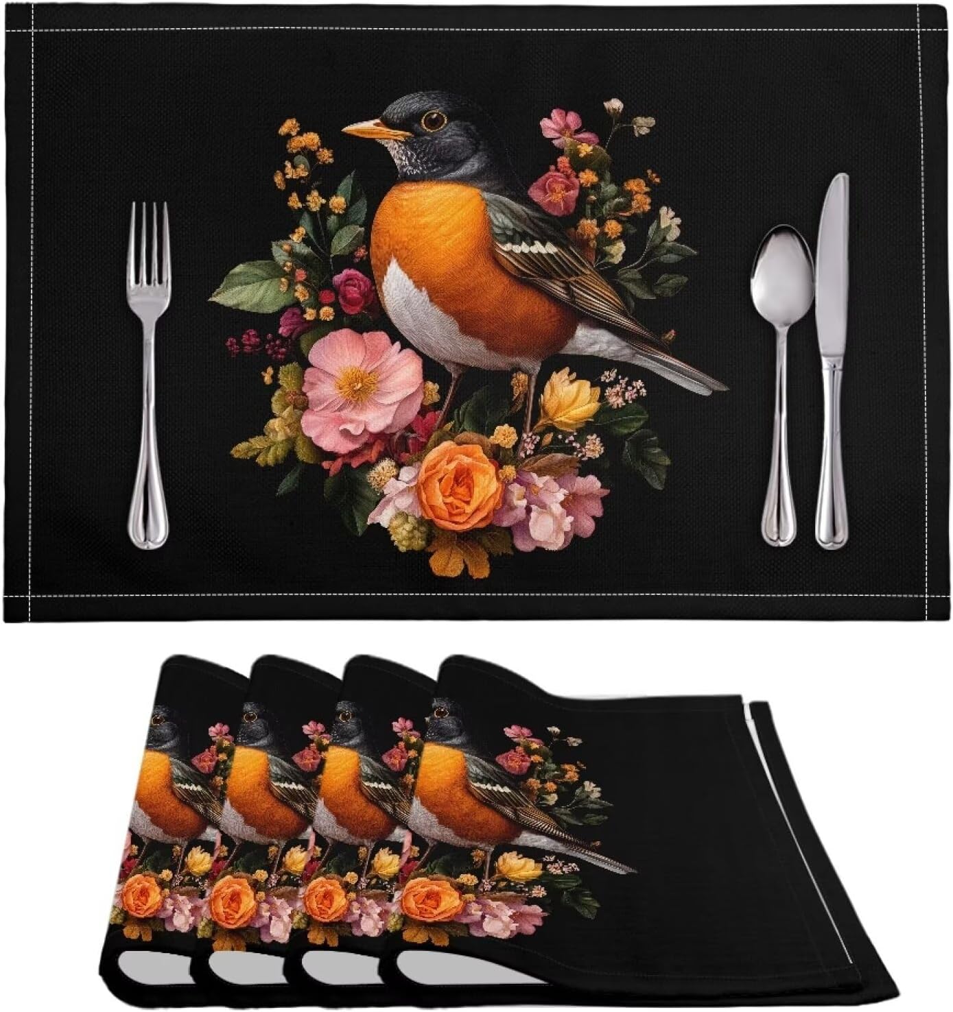 4 PCS Dining Table Mats Sturdy Non Slip Placemats for Kitchen Cafe Restaurant Heat Resistant Soft Countertop Accessory Decor, 11.8 x 17.7 Inch, American Robin Floral Black ? ? ? ? ?
