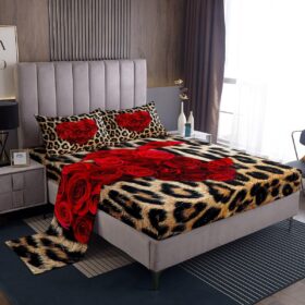 Leopard Print Sheet Set for Adult Women,Southwest African Big Cat Cheetah Skin Fitted Sheet King,Tropical Woodland Animals Fur Sheets,Romantic Red Rose Bedding Set Wild Animal Hunting Decor                 