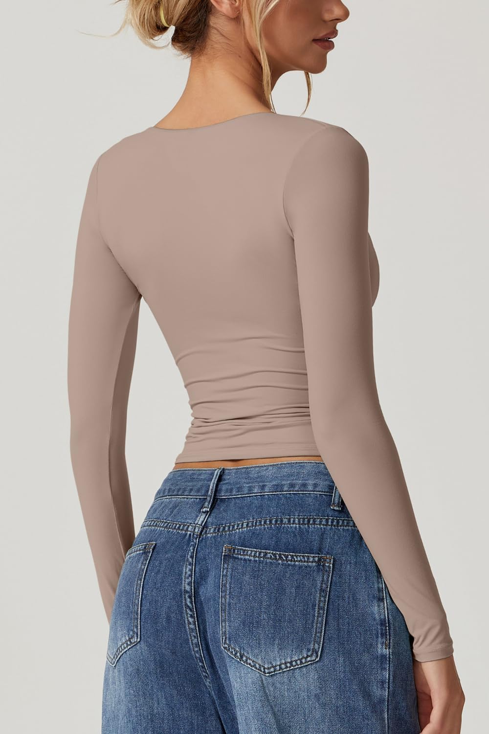 QINSEN Women's Long Sleeve V Neck T Shirts Double Lined Crop Top Seamed Cup Going Out Tops ? - Image 2
