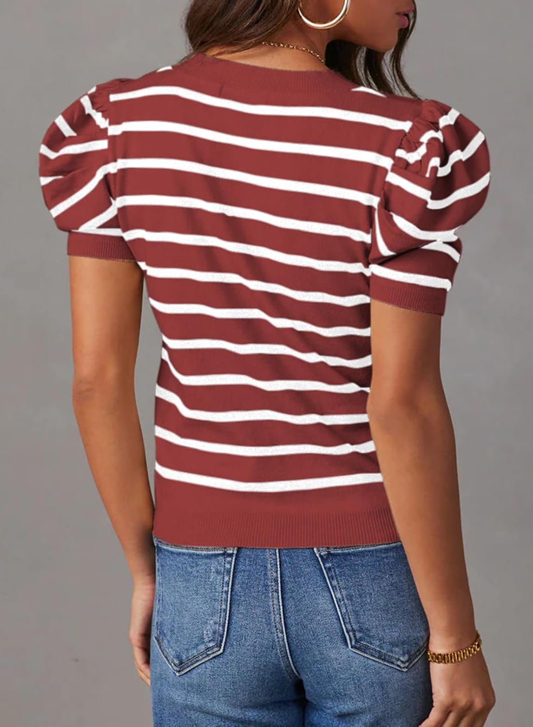 Dokotoo Women's Short Puff Sleeve Knit Tops 2025 Trendy Crewneck Striped T Shirts Casual Summer Blouses ? - Image 3