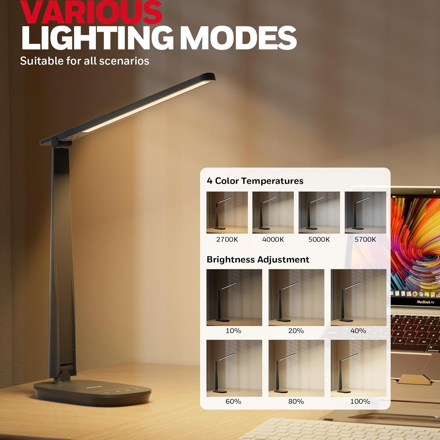 Honeywell Sunturalux? LED Desk Lamp Dimmable Desk Light with USB A+C Dual Charging Port Eye-Caring Foldable Table Lamp with 4 Color Modes for Home Office Bedroom Reading Study Work HWT-H2B Black ? ? ? ? ? - Image 2