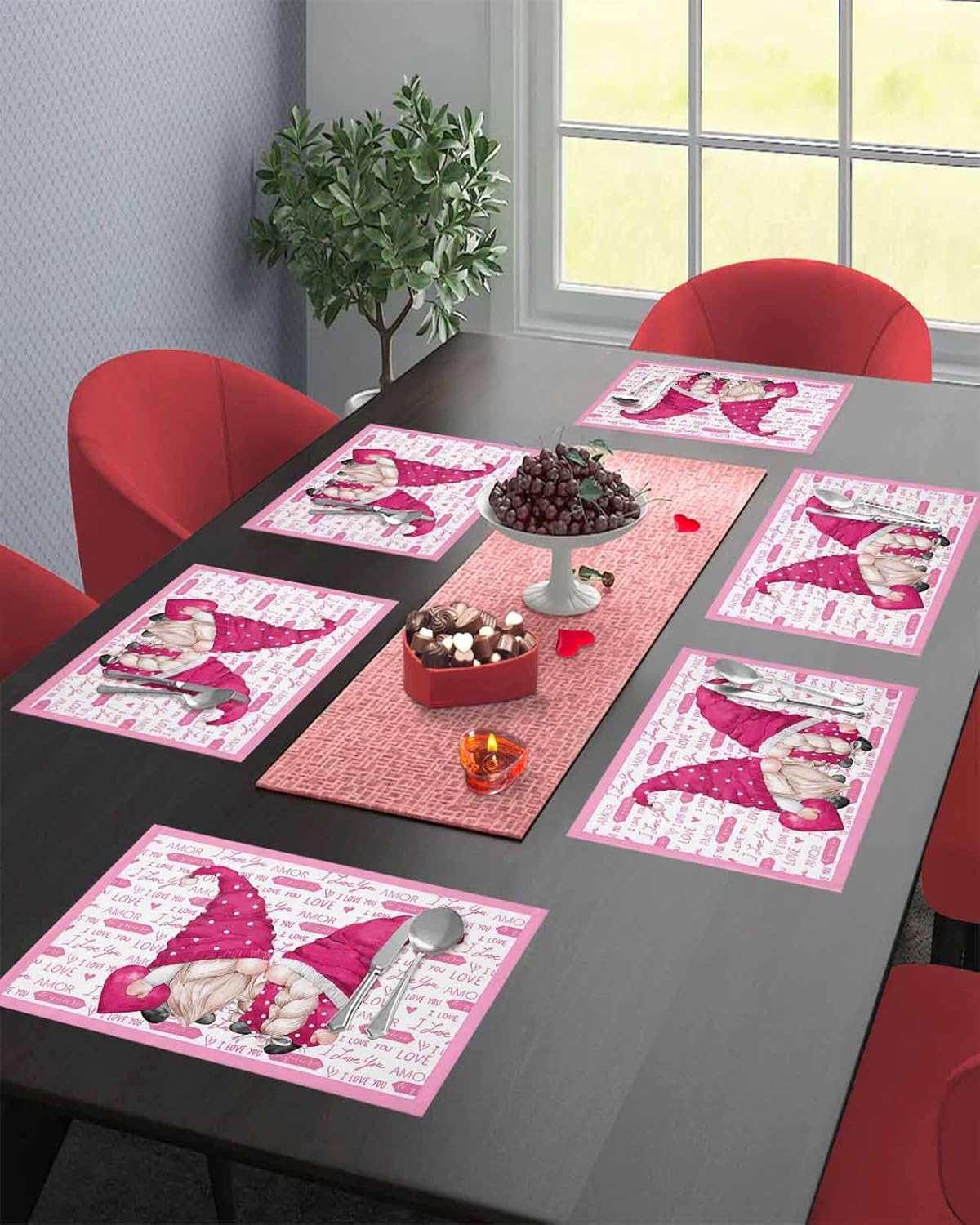 Valentines Placemat Pink Gnome Love Heart Place Mats for Dining Room Dinner Table Romantic Sweet Valentine's Day Washable Table Mats Kitchen Decorations Set of 4 ? ? ? ? ? - Image 5