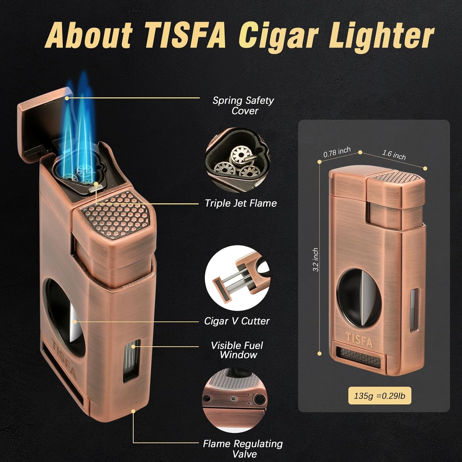 TISFA Cigar Humidor, Leather Cedar Wood Cigar Case with Cigar Lighter, V Cut Cigar Cutter, Cigar Holder 3 in 1, Portable Travel Cigar Humidor Box with Humidifier (Brown) ? ? ? ? ? - Image 3