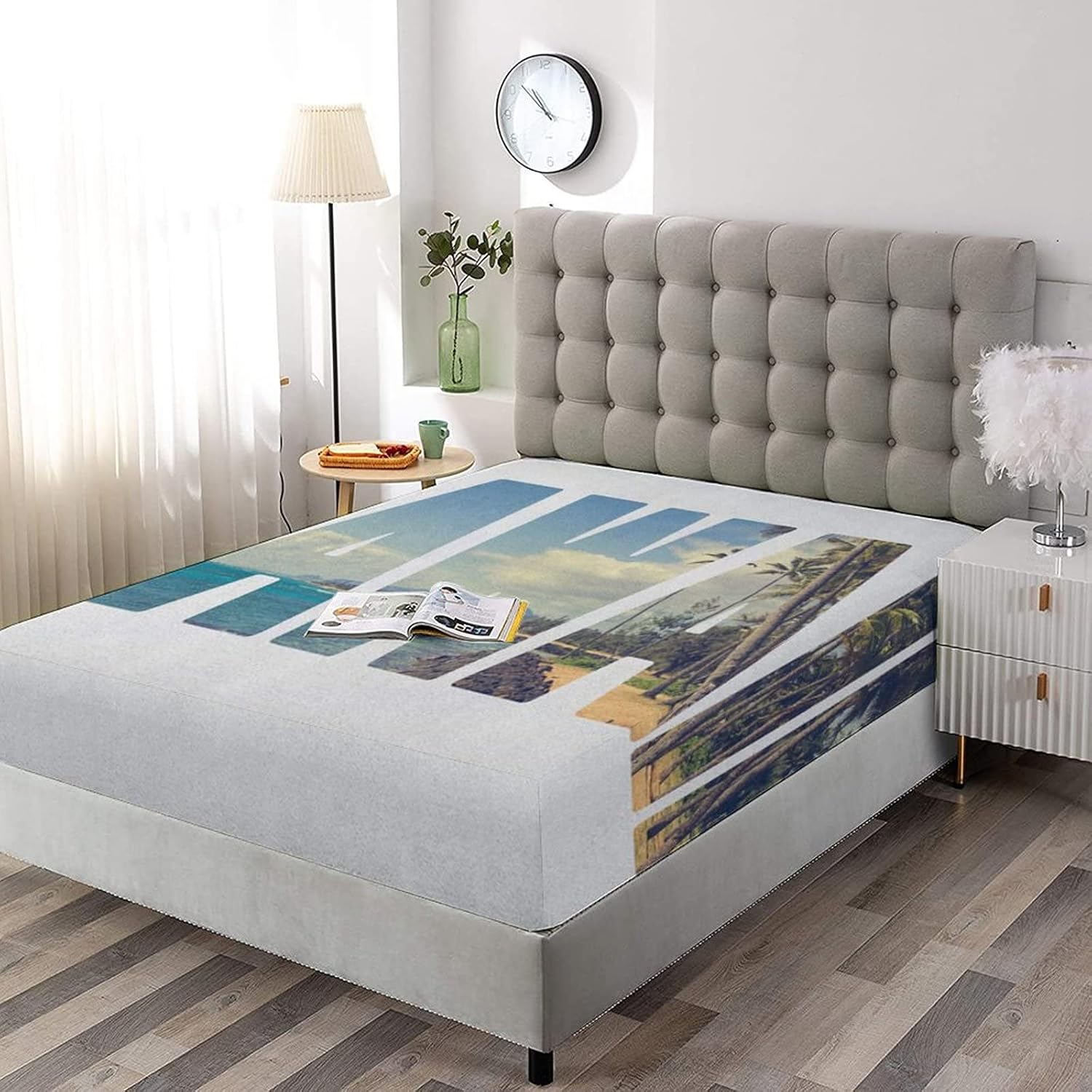 XISUNYA Decorative Bedding Sheet Set Twin Size, Hawaiian Deep Pockets Fitted Sheet & 2 Pillowcases Set(No Flat Sheet), Word Hawaii with Tropical Island Phot Print Microfiber 3pc Bed Sheets Set ? ? ? ? ? - Image 2