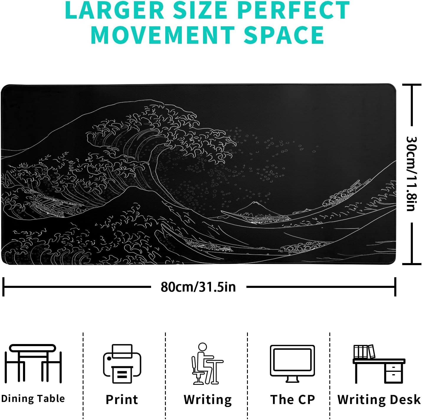 Japanese Sea Wave Large Mouse Pad, Anime Black Gaming, Extended Kanagawa Mat Desk Pad, 3mm Thick Long Non-Slip Rubber Base Mice Pad, 31.5 X 11.8 Inch ? ? ? ? ? - Image 2