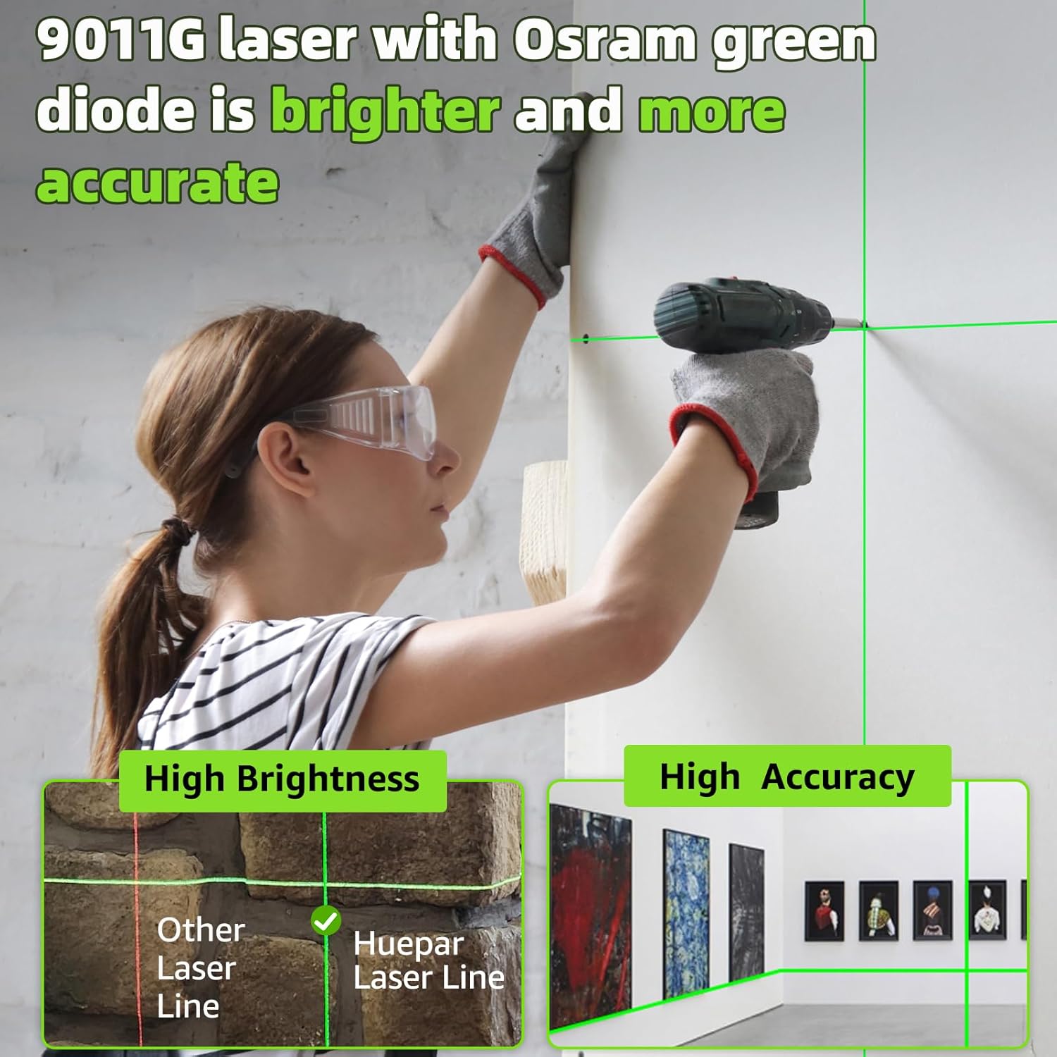 HUEPAR Laser Level, 100ft Self-Leveling Green Cross Line Laser for Picture Hanging, Tile, Decoration & DIY Indoor Construction ? 360? Magnetic Base & Battery Included ? ? ? ? ? - Image 2