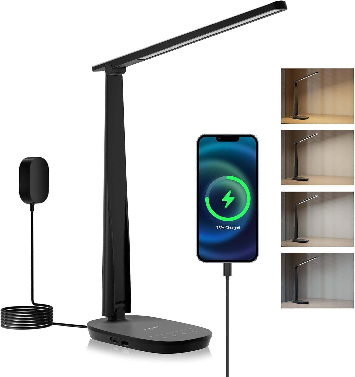 Honeywell Sunturalux? LED Desk Lamp Dimmable Desk Light with USB A+C Dual Charging Port Eye-Caring Foldable Table Lamp with 4 Color Modes for Home Office Bedroom Reading Study Work HWT-H2B Black ? ? ? ? ?