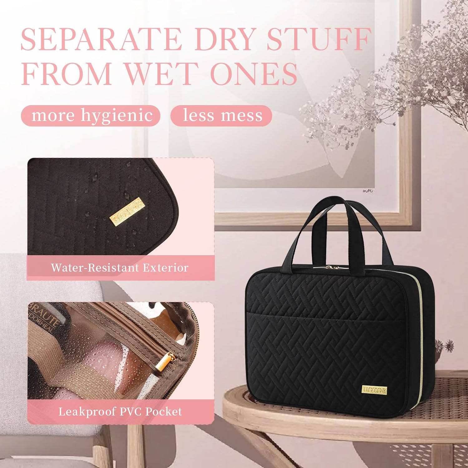 HOTOR Travel Toiletry Bag - Toiletry Bag w/Hanging Hook - Spacious Toiletry Bag for Women & Men, Makeup Bag/Big Comparment, Waterproof for Travel Accessories, Travel Essentials, Medium, Black ? ? ? ? ? - Image 5