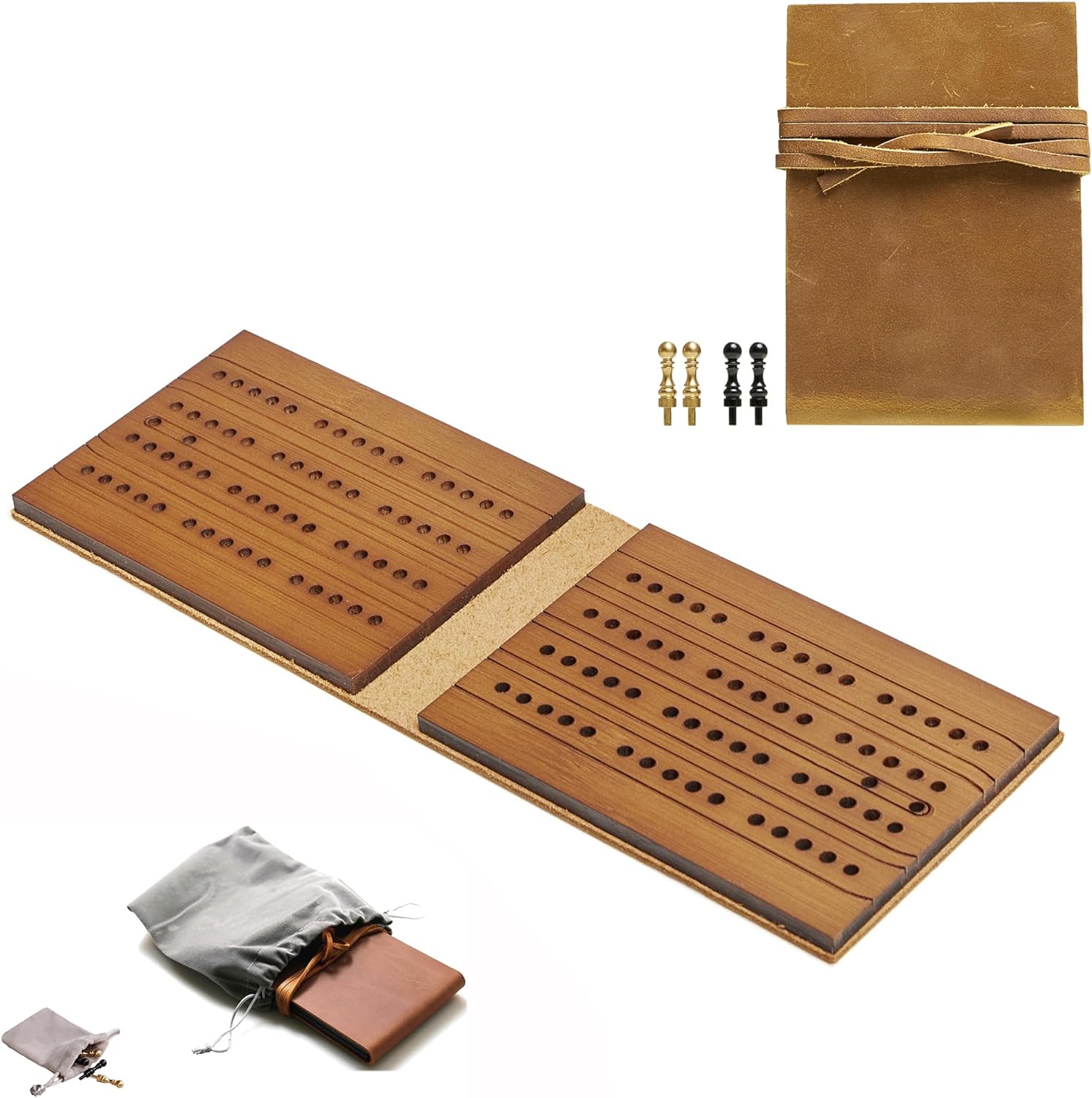 Jeereal Travel Cribbage Board Game Leather & Solid Bambo-Wood Pocket Sized Tiny Card Game Board (Bamboo|3 Tracks) ? ? ? ? ? - Image 6
