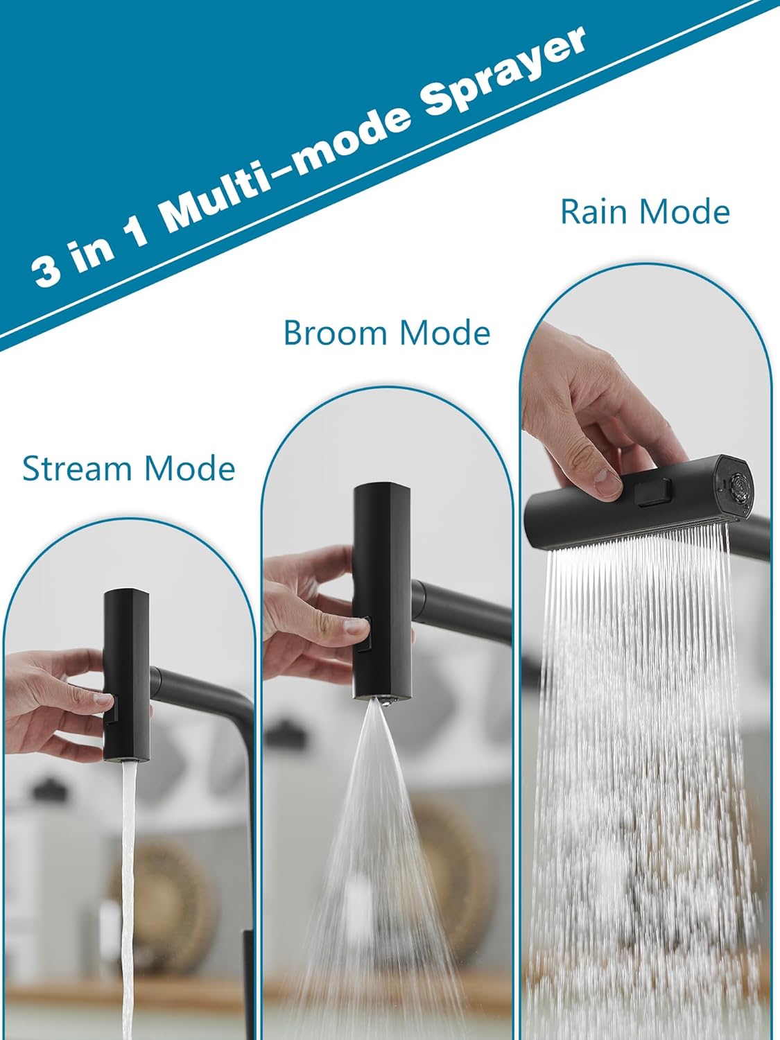 Black Kitchen Faucets with Pull Down Sprayer,Waterfall Kitchen Sink Faucet,Commercial Utility Stainless Steel Kitchen Faucets,Single Handle Kitchen Sink Faucet with Pull Down Sprayer for 3 Function ? ? ? ? ? - Image 2