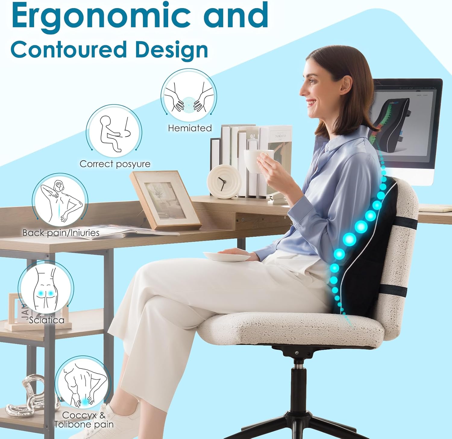 Lumbar Support Pillow for Office Chair Car Back Support Pillow, Memory Foam Gaming Chair Desk Chair Back Cushion for Lower Back Pain Relief, Ergonomic Back Rest with Double Adjustable Straps - Image 3